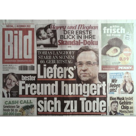 Bild Zeitung Freitag, 2 Dezember 2022 - Liefers Freund