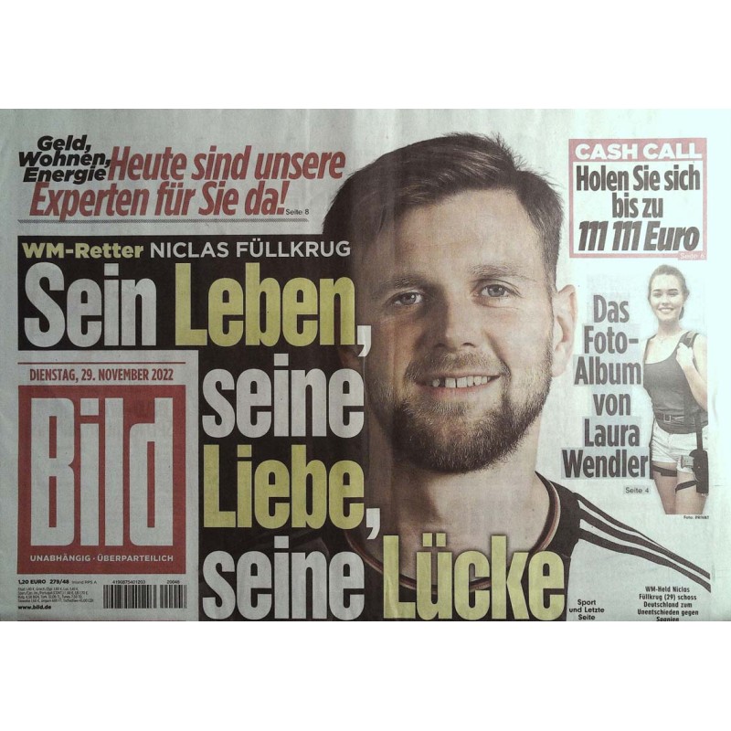 Bild Zeitung Dienstag, 29 November 2022 - Niclas Füllkrug