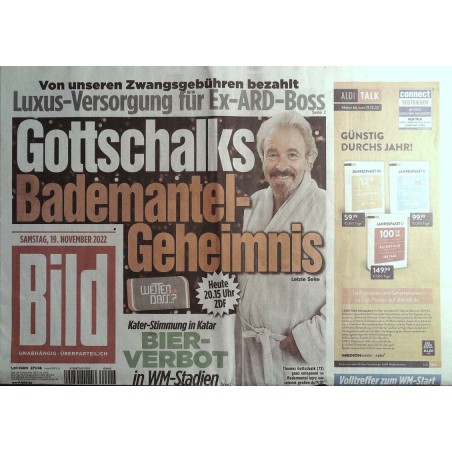 Bild Zeitung Samstag, 19 November 2022 - Thomas Gottschalk