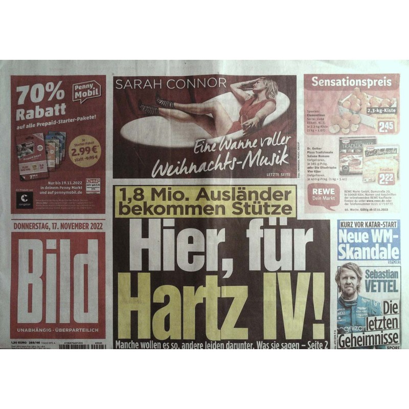 Bild Zeitung Donnerstag, 17 November 2022 - Hartz IV