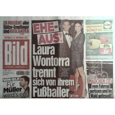 Bild Zeitung Mittwoch, 16 November 2022 - Laura Wontorra