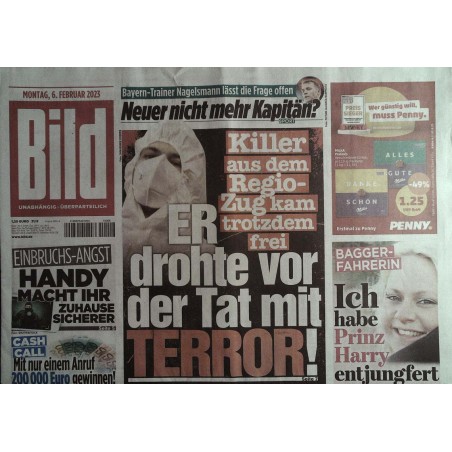 Bild Zeitung Montag, 6 Februar 2023 - Killer aus dem Regio-Zug