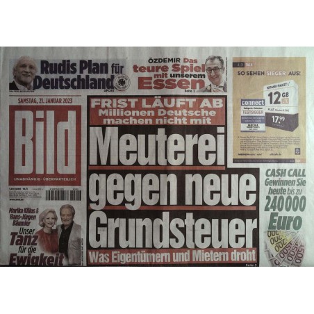 Bild Zeitung Samstag, 21 Januar 2023 - Meuterei Grundsteuer