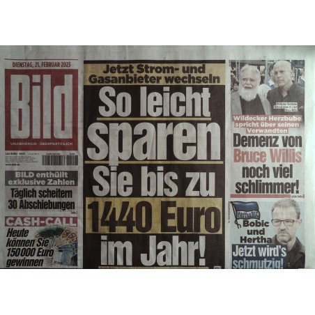 Bild Zeitung Dienstag, 21 Februar 2023 - 1440 Euro sparen