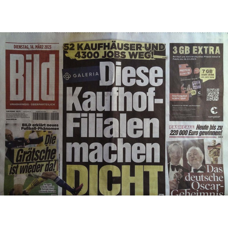 Bild Zeitung Dienstag, 14 März 2023 - Kaufhof Filialen
