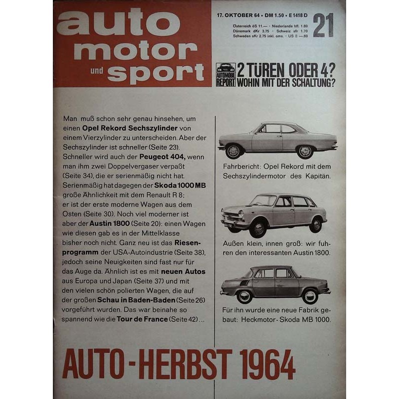 auto motor & sport Heft 21 / 17 Oktober 1964 - Auto Herbst