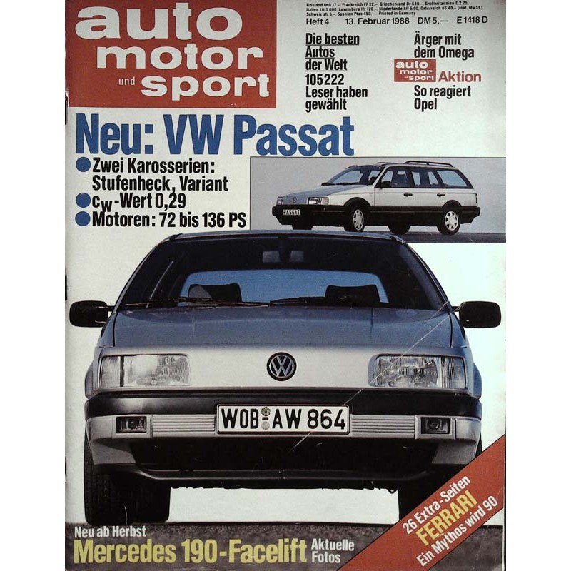 auto motor & sport Heft 4 / 13 Februar 1988 - VW Passat Zeitschrift