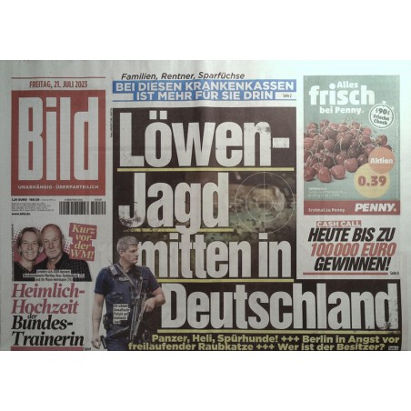 Bild Zeitung Freitag, 21 Juli 2023 - Löwenjagd