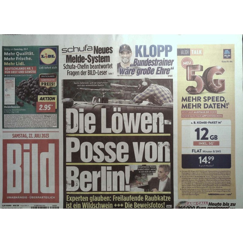 Bild Zeitung Samstag, 22 Juli 2023 - Die Löwen-Posse von Berlin