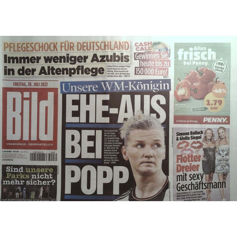 Bild Zeitung Freitag, 28 Juli 2023 - Ehe-aus bei Alexandra Popp
