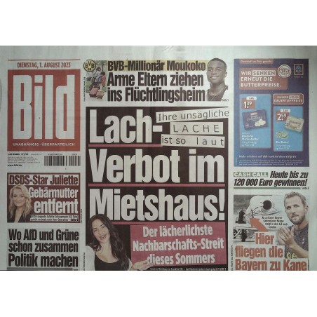 Bild Zeitung Dienstag, 1 August 2023 - Lachverbot im Mietshaus