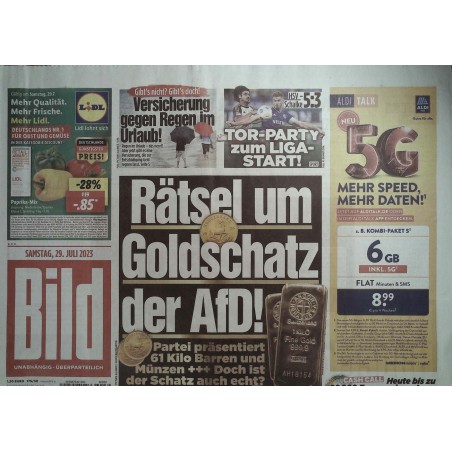 Bild Zeitung Samstag, 29 Juli 2023 - Goldschatz der AfD