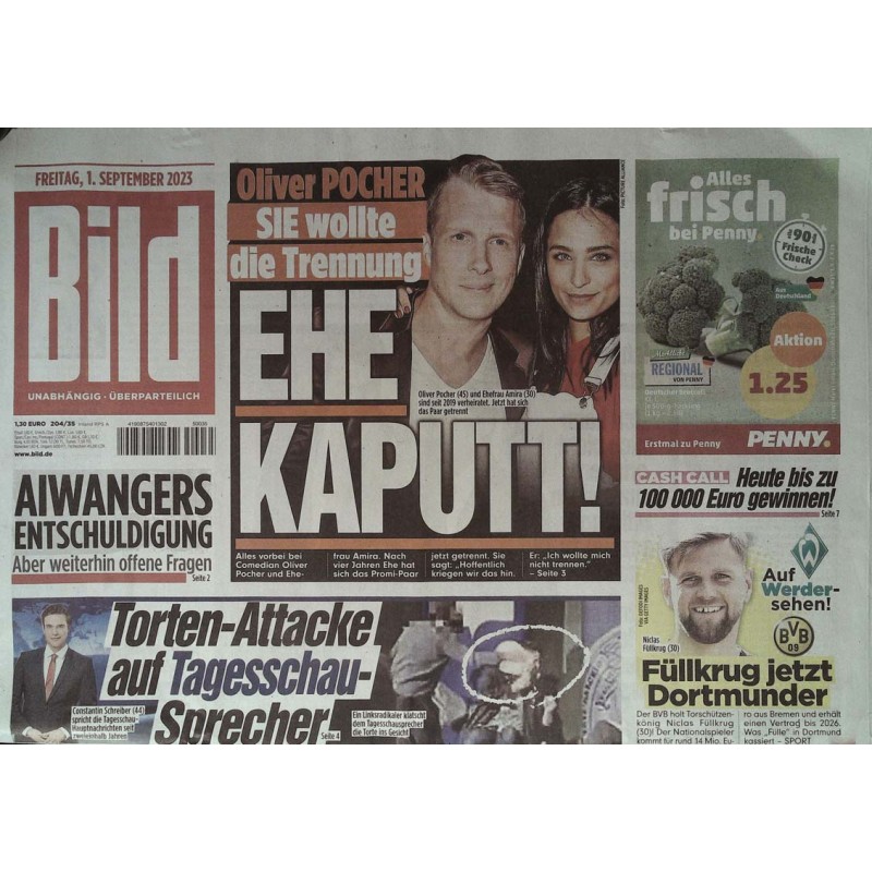 Bild Zeitung Freitag, 1 September 2023 - Ehe kaputt! Oliver Pocher