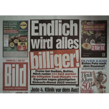 Bild Zeitung Donnerstag, 1 Juni 2023 - Endlich wird alles billiger!