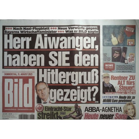 Bild Zeitung Donnerstag, 31 August 2023 - Herr Aiwanger