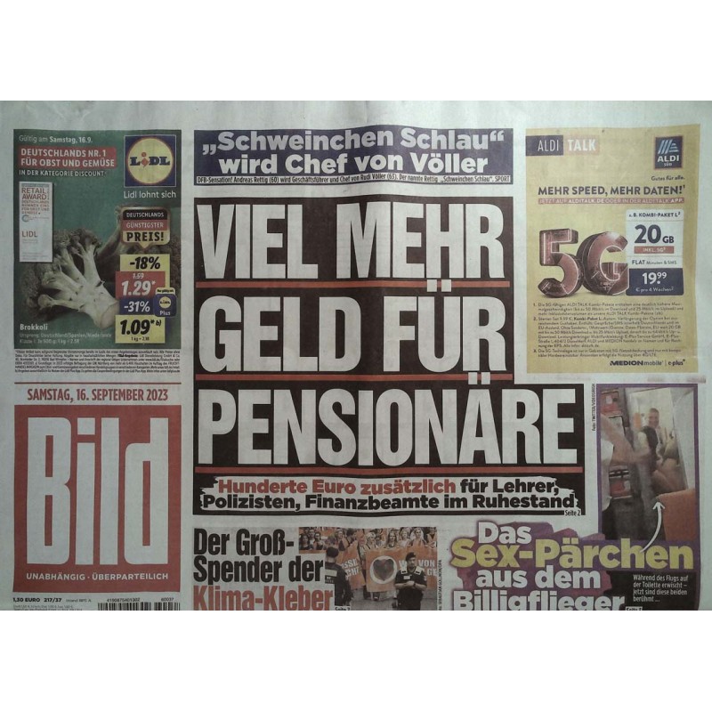 Bild Zeitung Samstag, 16 September 2023 - Geld für Pensionäre