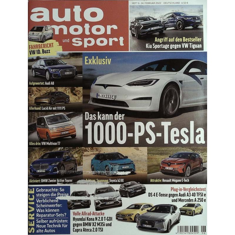 auto motor & sport Heft 6 / 24 Februar 2022 - 1000 PS Tesla Zeitschrift