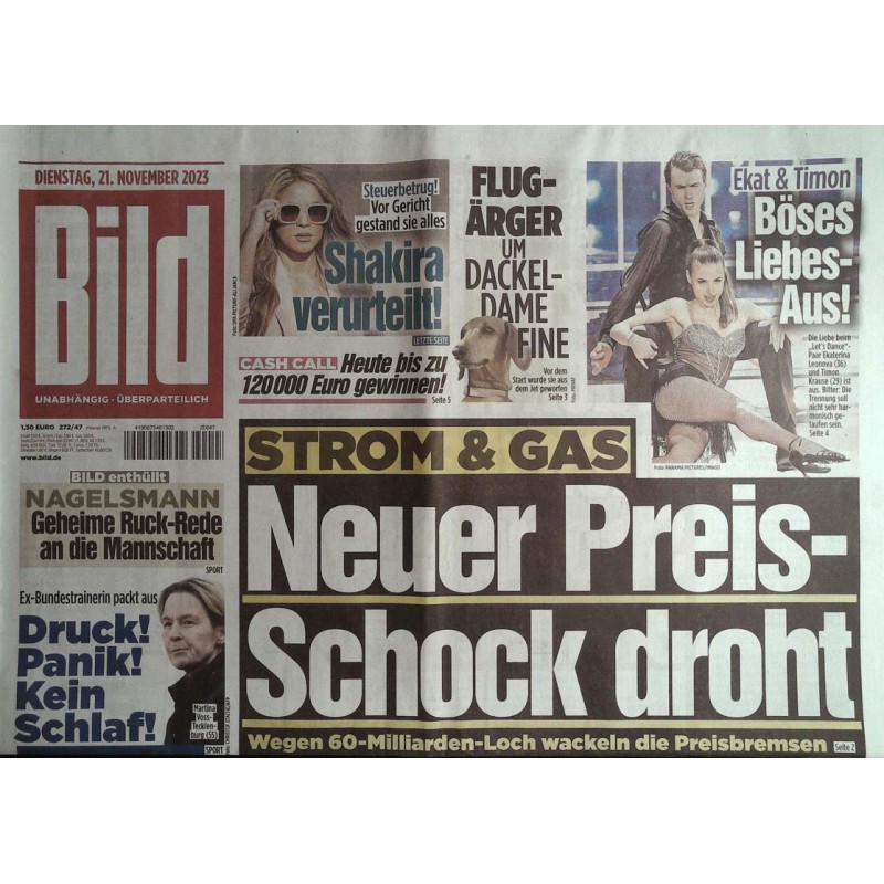 Bild Zeitung Dienstag, 21 November 2023 - Neuer Preis-Schock