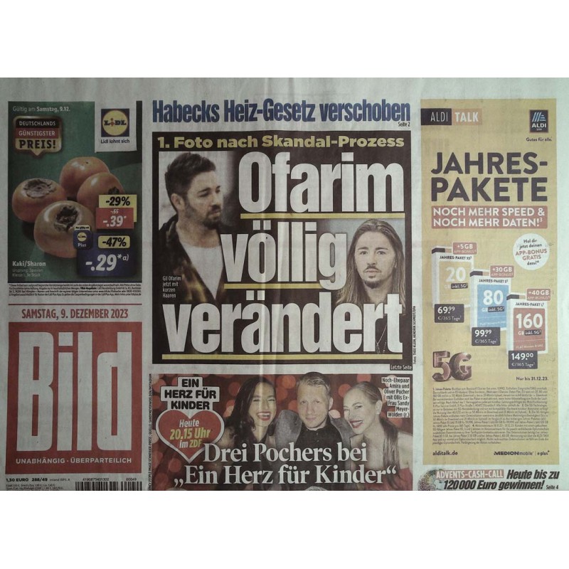 Bild Zeitung Samstag, 9 Dezember 2023 - Ofarim völlig verändert