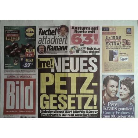 Bild Zeitung Samstag, 28 Oktober 2023 - Irre! Neues Petz-Gesetz