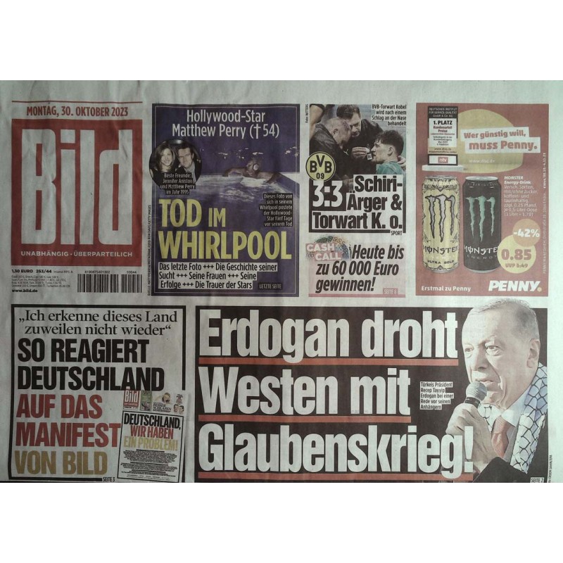 Bild Zeitung Montag, 30 Oktober 2023 - Erdogan droht Westen
