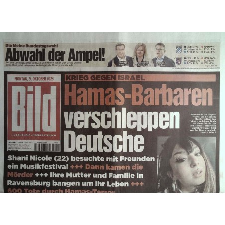 Bild Zeitung Montag, 9 Oktober 2023 - Hamas Barbaren