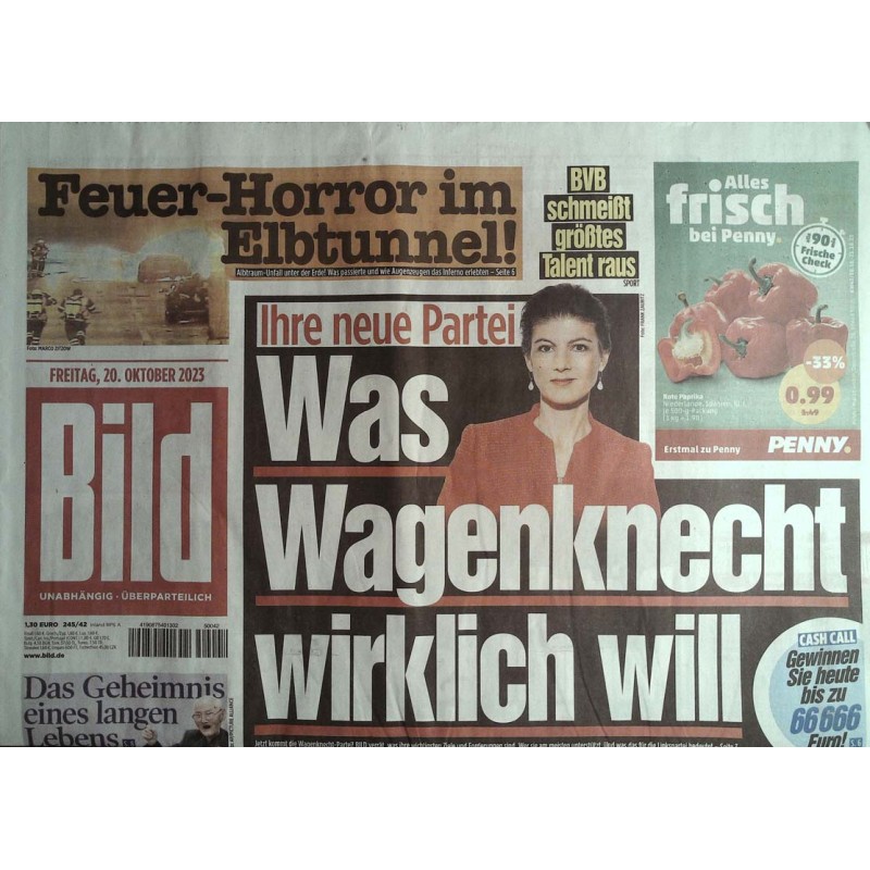Bild Zeitung Freitag, 20 Oktober 2023 - Wagenknecht Partei