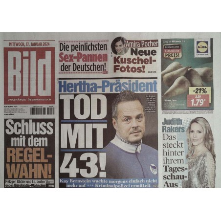 Bild Zeitung Mittwoch, 17 Januar 2024 - Hertha Präsident Tod