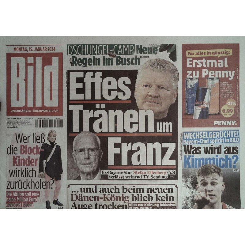Bild Zeitung Montag, 15 Januar 2024 - Effes Tränen um Franz