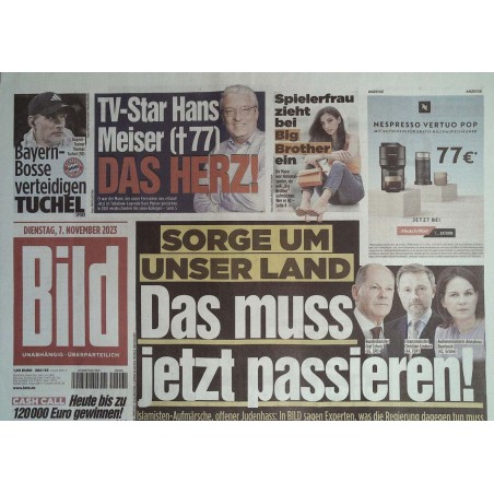 Bild Zeitung Dienstag, 7 November 2023 - Sorge um unser Land