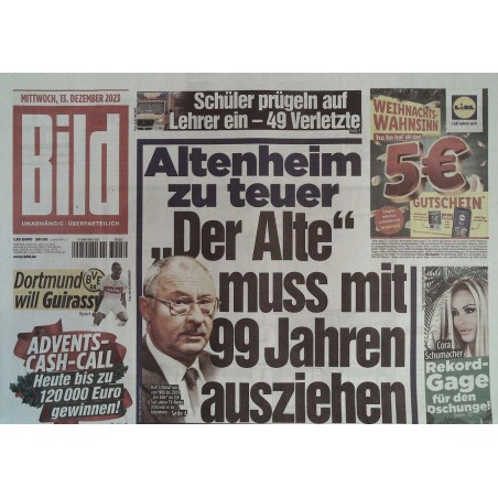 Bild Zeitung Mittwoch, 13 Dezember 2023 - Altenheim zu teuer