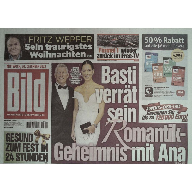 Bild Zeitung Mittwoch, 20 Dezember 2023 - Basti und Ana