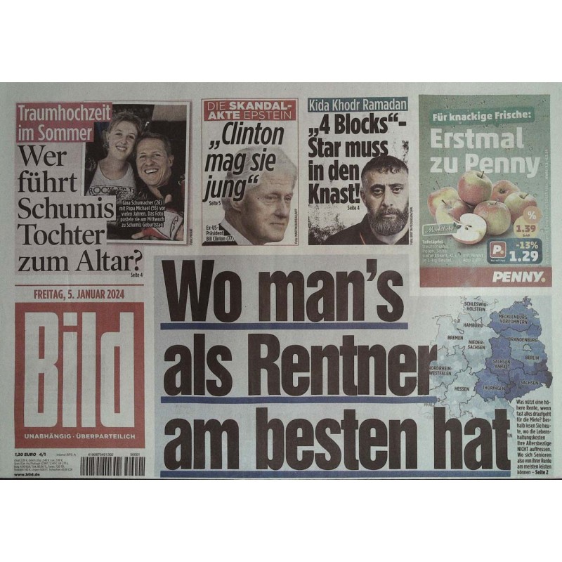 Bild Zeitung Freitag, 5 Januar 2024 - Rentner am besten....