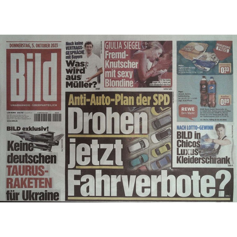 Bild Zeitung Donnerstag, 5 Oktober 2023 - Anti Auto Plan