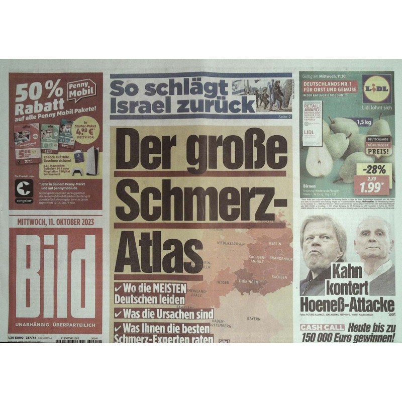 Bild Zeitung Mittwoch, 11 Oktober 2023 - Der große Schmerz Atlas