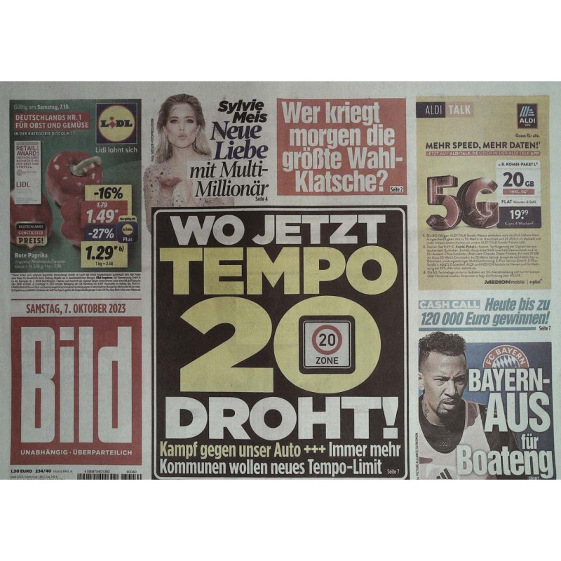Bild Zeitung Samstag, 7 Oktober 2023 - Tempo 20 droht
