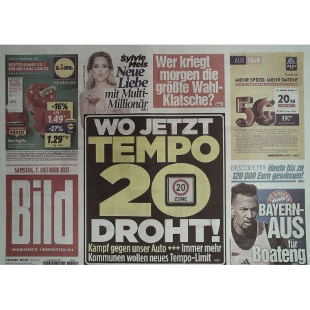 Bild Zeitung Samstag, 7 Oktober 2023 - Tempo 20 droht