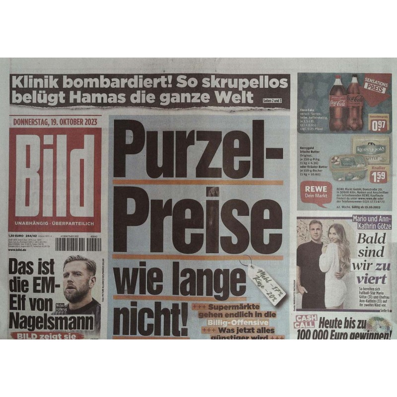 Bild Zeitung Donnerstag, 19 Oktober 2023 - Purzel Preise wie lange nicht!