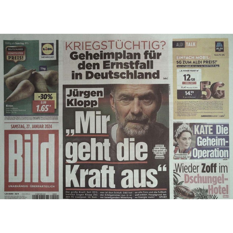 Bild Zeitung Samstag, 27 Januar 2024 - Jürgen Klopp geht die Kraft aus