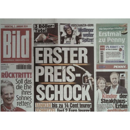 Bild Zeitung Dienstag, 2 Januar 2024 - Erster Preisschock