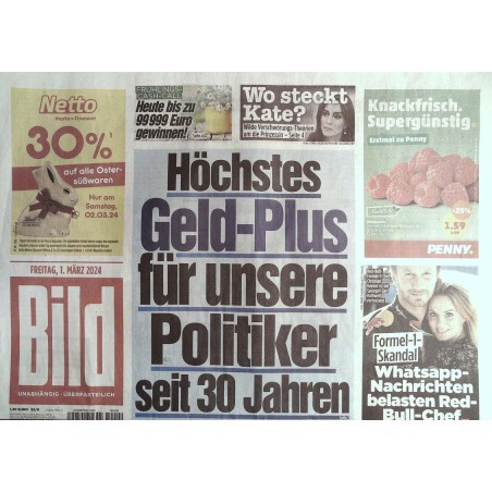 Bild Zeitung Freitag, 1 März 2024 - Geld Plus bei Politiker Bild Zeitung Freitag, 1 März 2024 - Geld Plus bei Politiker