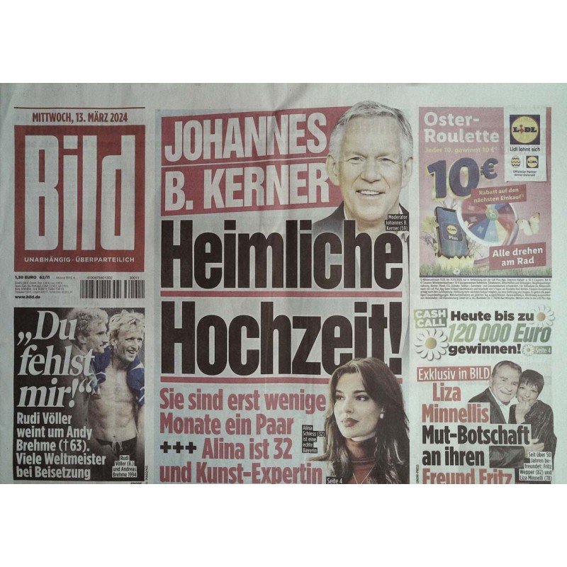 Bild Zeitung Mittwoch, 13 März 2024 - Johannes B. Kerner