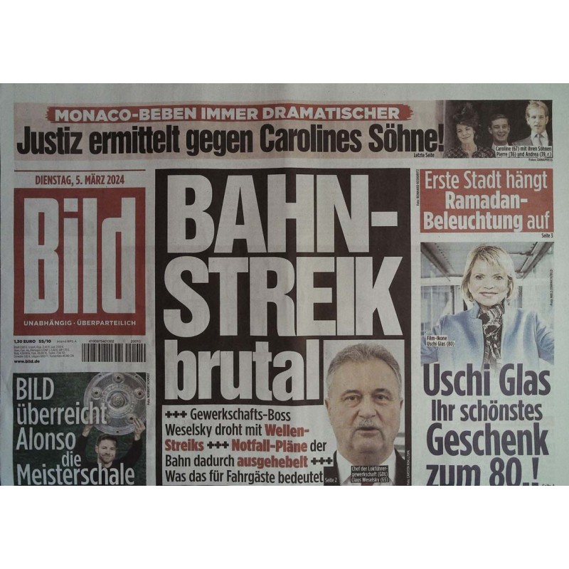 Bild Zeitung Dienstag, 5 März 2024 - Bahnstreik brutal