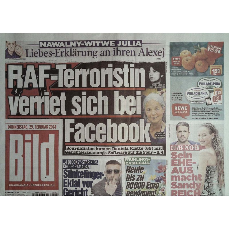 Bild Zeitung Donnerstag, 29 Februar 2024 - RAF Terroristen