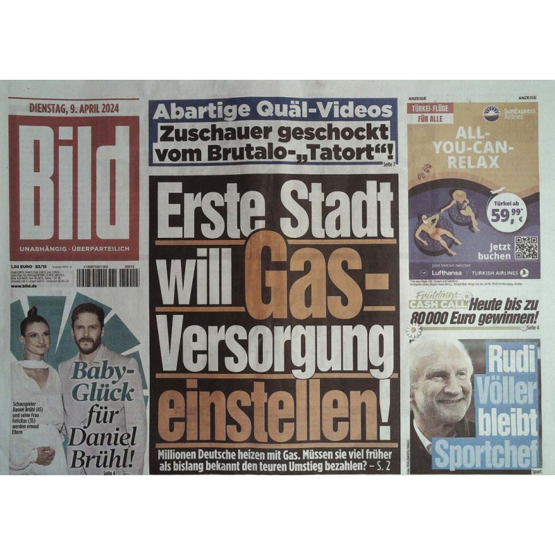 Bild Zeitung Dienstag, 9 April 2024 - Gas Verorgung einstellen