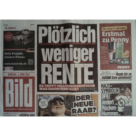 Bild Zeitung Dienstag, 2 April 2024 - Plötzlich weniger Rente