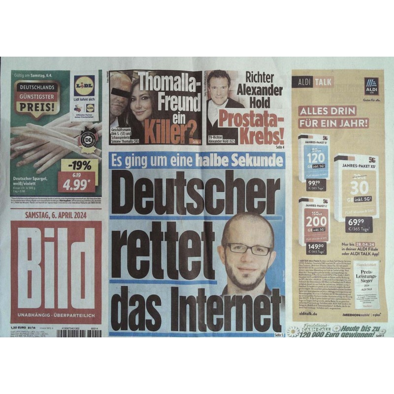 Bild Zeitung Samstag, 6 April 2024 - Deutscher rettet das Internet