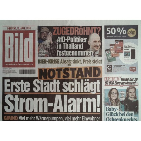Bild Zeitung Dienstag, 16 April 2024 - Strom Notstand