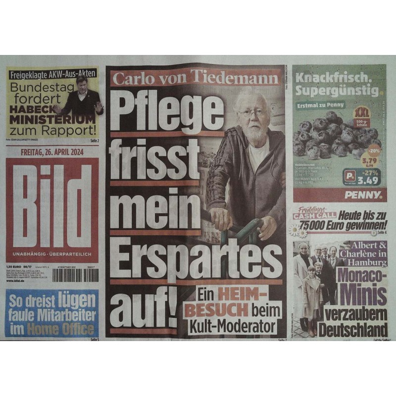 Bild Zeitung Freitag, 26 April 2024 - Carlo von Tiedemann