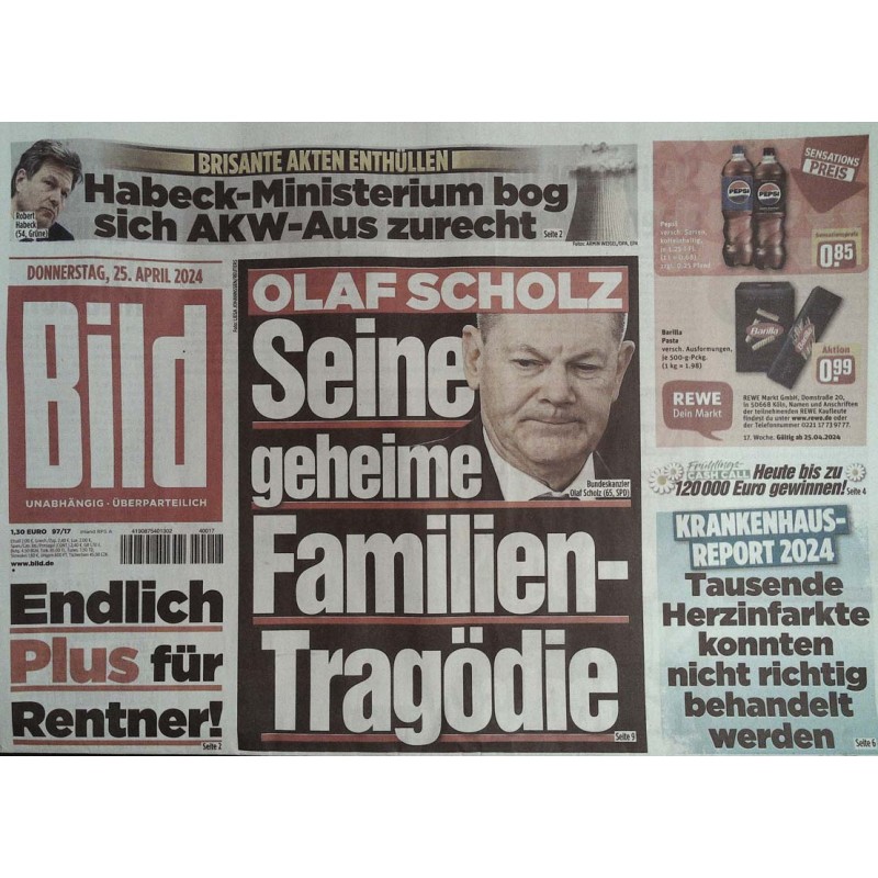 Bild Zeitung Donnerstag, 25 April 2024 - Olaf Scholz